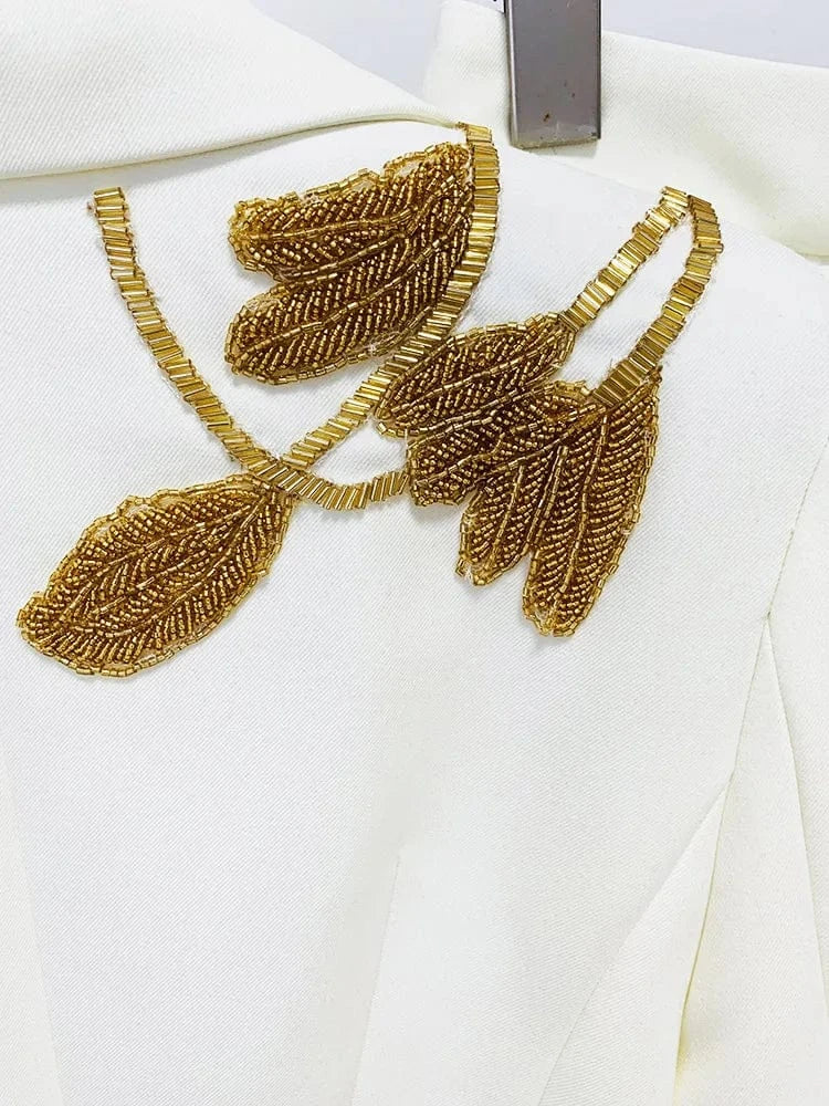 European Style Fine Workmanship Beading Lady Formal Workwear 2Pcs Single Button Blazer Flared Pants Solid Suit