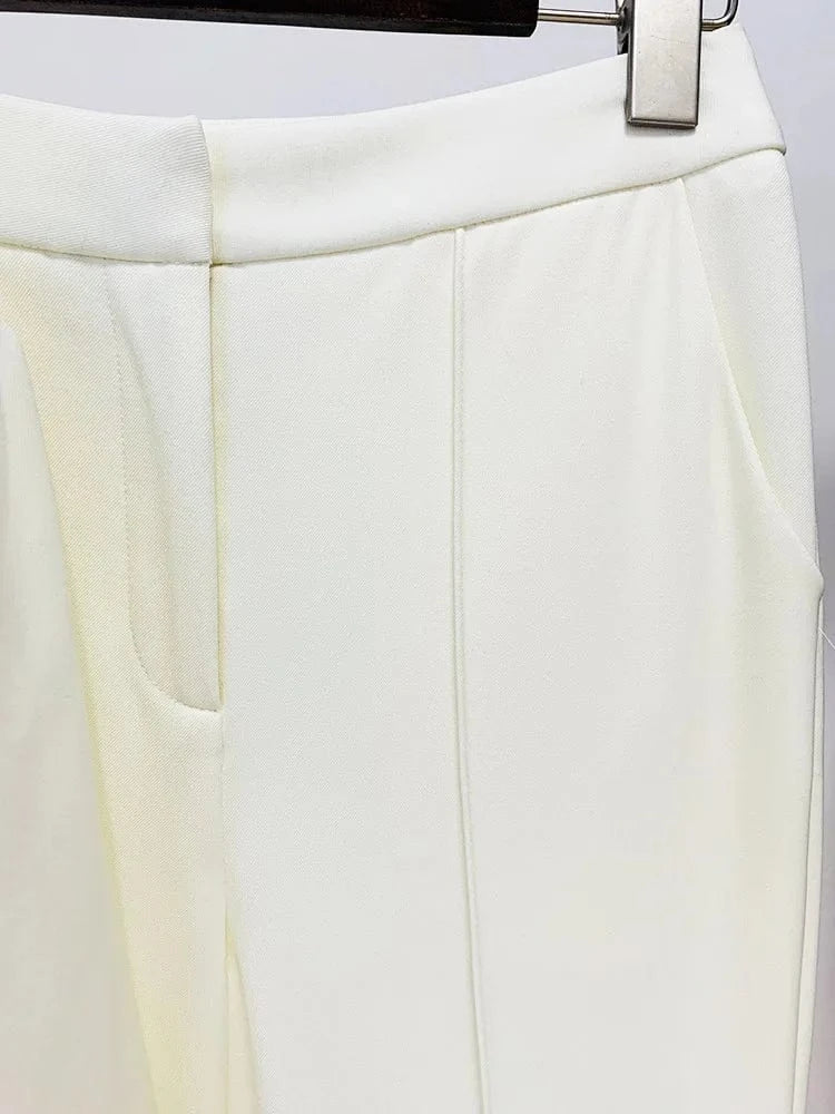 European Style Fine Workmanship Beading Lady Formal Workwear 2Pcs Single Button Blazer Flared Pants Solid Suit