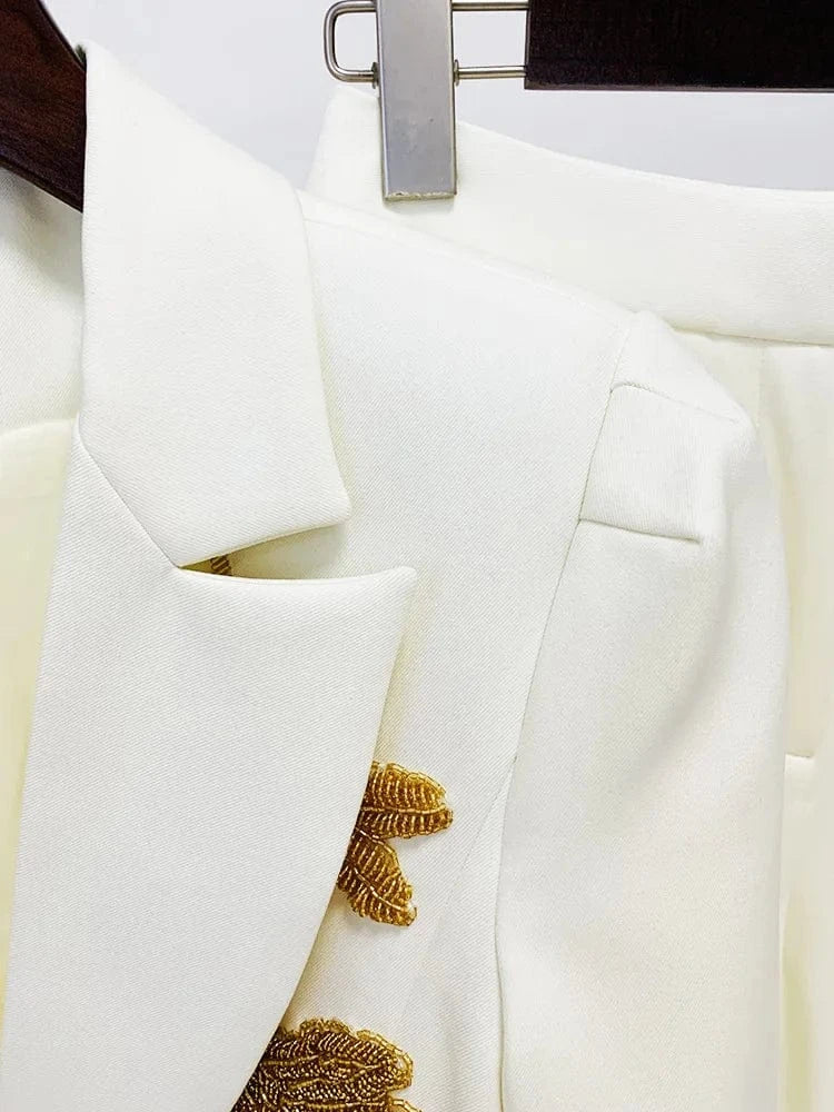 European Style Fine Workmanship Beading Lady Formal Workwear 2Pcs Single Button Blazer Flared Pants Solid Suit