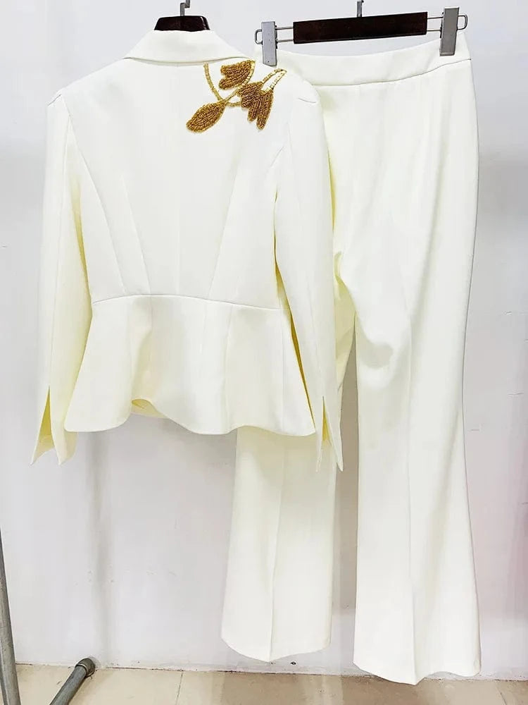 European Style Fine Workmanship Beading Lady Formal Workwear 2Pcs Single Button Blazer Flared Pants Solid Suit