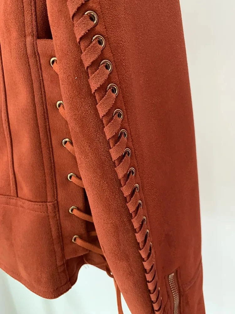 European Style Fine Workmanship Rhinestone Coat Designed Tassels Lace Up Lady Notched Long Sleeve Women Suede Nap Jacket