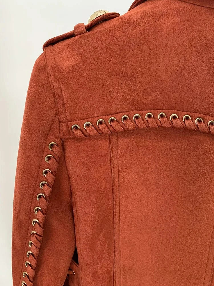 European Style Fine Workmanship Rhinestone Coat Designed Tassels Lace Up Lady Notched Long Sleeve Women Suede Nap Jacket