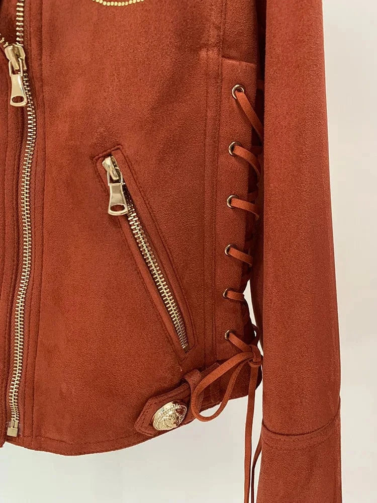 European Style Fine Workmanship Rhinestone Coat Designed Tassels Lace Up Lady Notched Long Sleeve Women Suede Nap Jacket