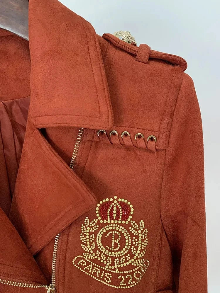 European Style Fine Workmanship Rhinestone Coat Designed Tassels Lace Up Lady Notched Long Sleeve Women Suede Nap Jacket