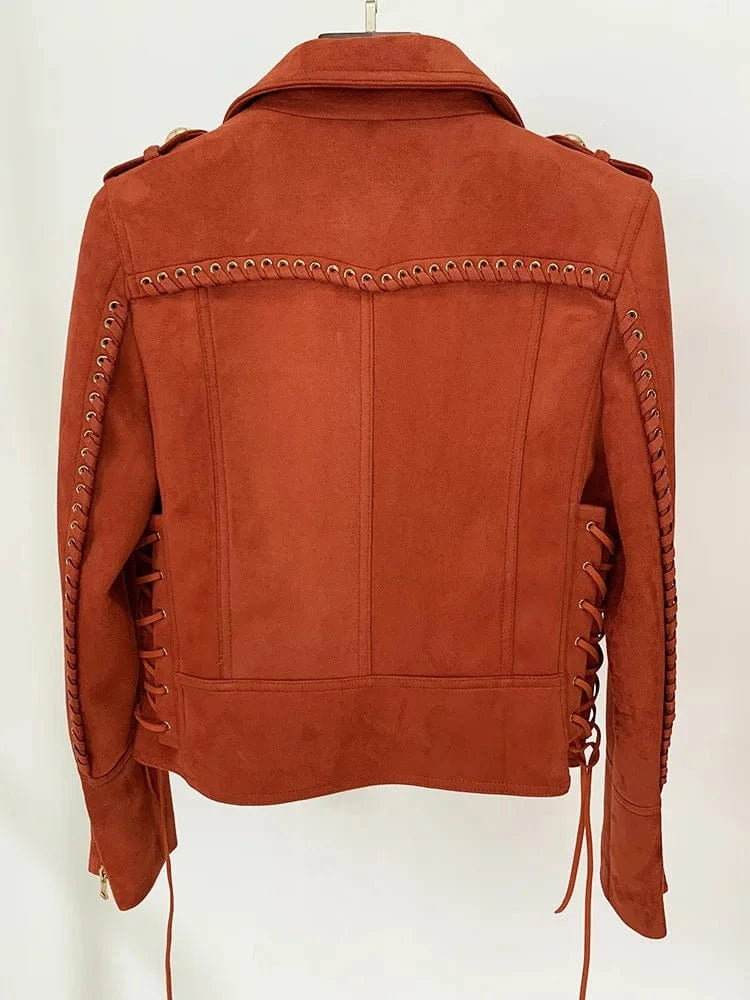 European Style Fine Workmanship Rhinestone Coat Designed Tassels Lace Up Lady Notched Long Sleeve Women Suede Nap Jacket