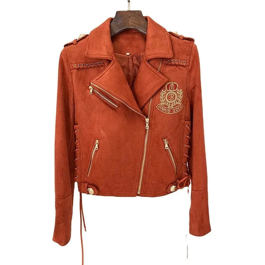 European Style Fine Workmanship Rhinestone Coat Designed Tassels Lace Up Lady Notched Long Sleeve Women Suede Nap Jacket