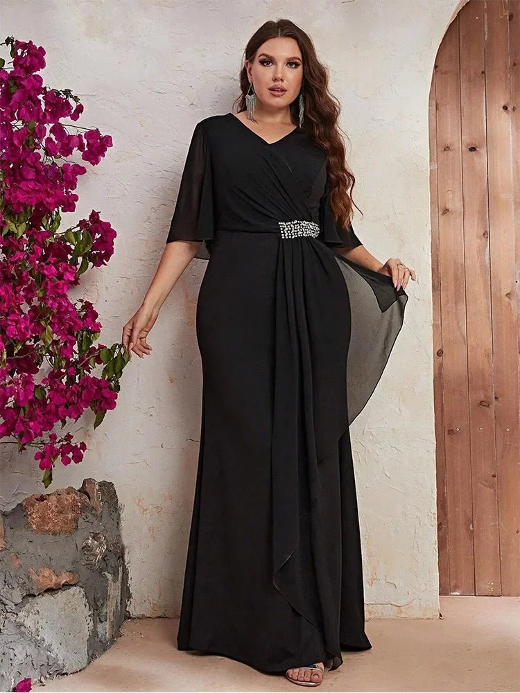 Evening Dress Plus Size V Neck Chiffon Short Sleeve Floor Length Dark Green Elegant - SN Wigs & More