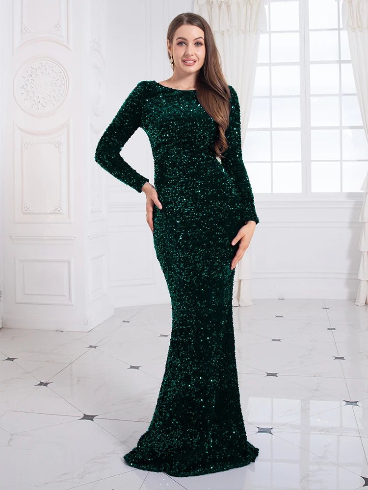Evening Gown With Sequin Stretch Fabric Mermaid Style Elegant Formal Floor Length Dress - SN Wigs & More