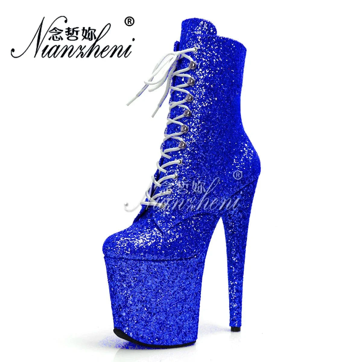 Exotic Dancer 20cm Ankle Boots Bling Sequin Catwalk Women Nightclub Thin Heels Elegant Sexy Fetish Shoes Round Toe Gothic Women