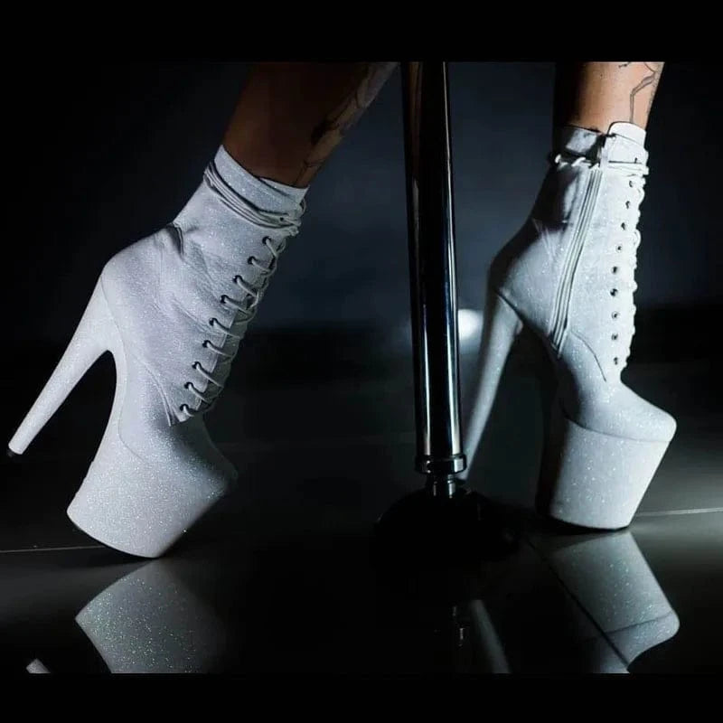 Exotic Dancer Shiny color thin heels sexy banquet European and American high heels 20 cm model walk show short boots Pole Dance
