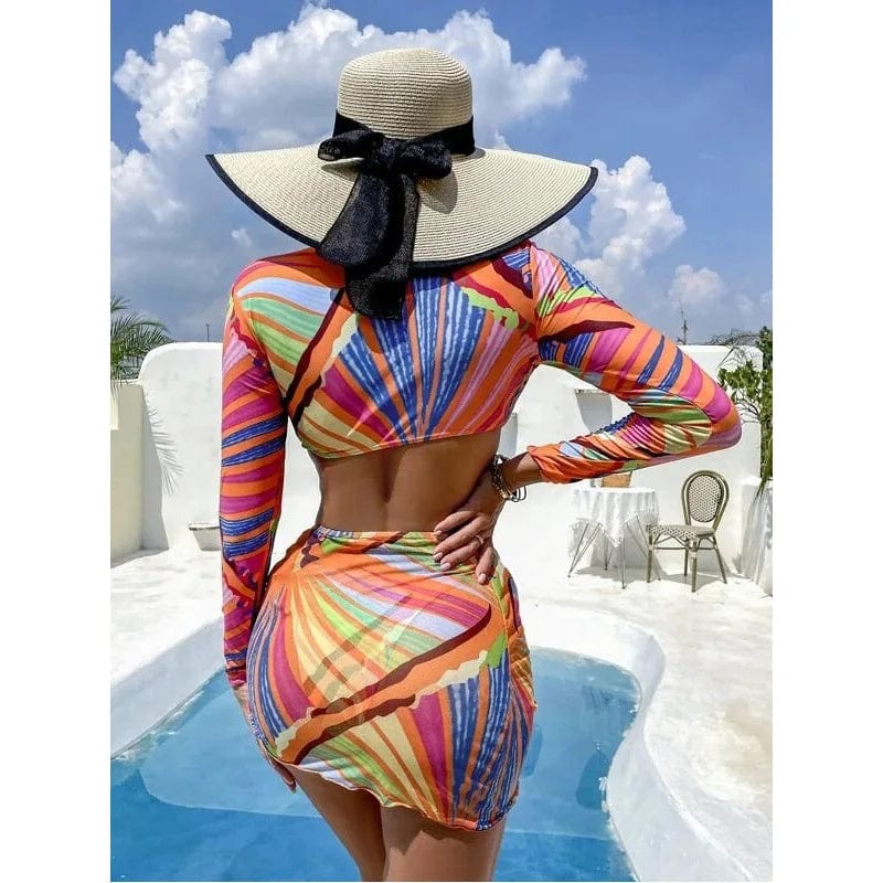 Explosive models chest strap swimwear floral print  three piece swimsuits for women long sleeve bikini