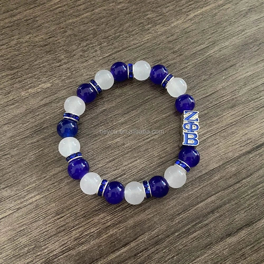 Exquisite Greek Letter Sorority Zeta Phi Beta Bracelet Blue and White ZPB Pearl Bracelet New Fashion Women's  Elastic Bracelets
