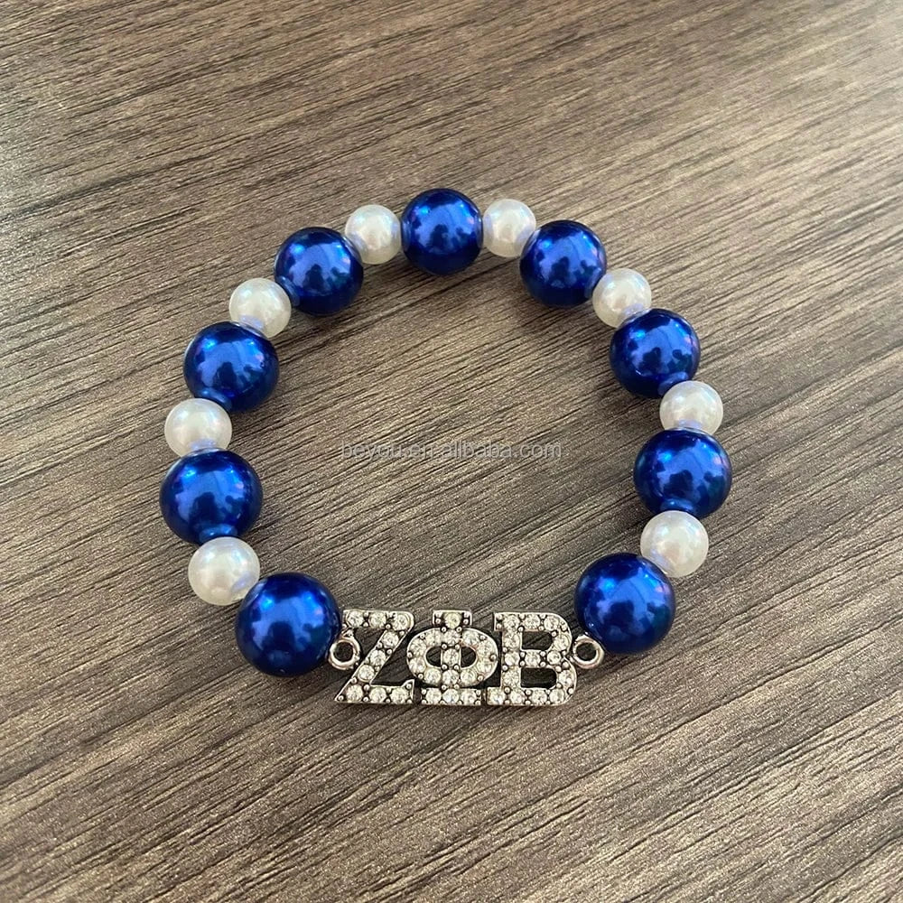 Exquisite Greek Letter Sorority Zeta Phi Beta Bracelet Blue and White ZPB Pearl Bracelet New Fashion Women's  Elastic Bracelets