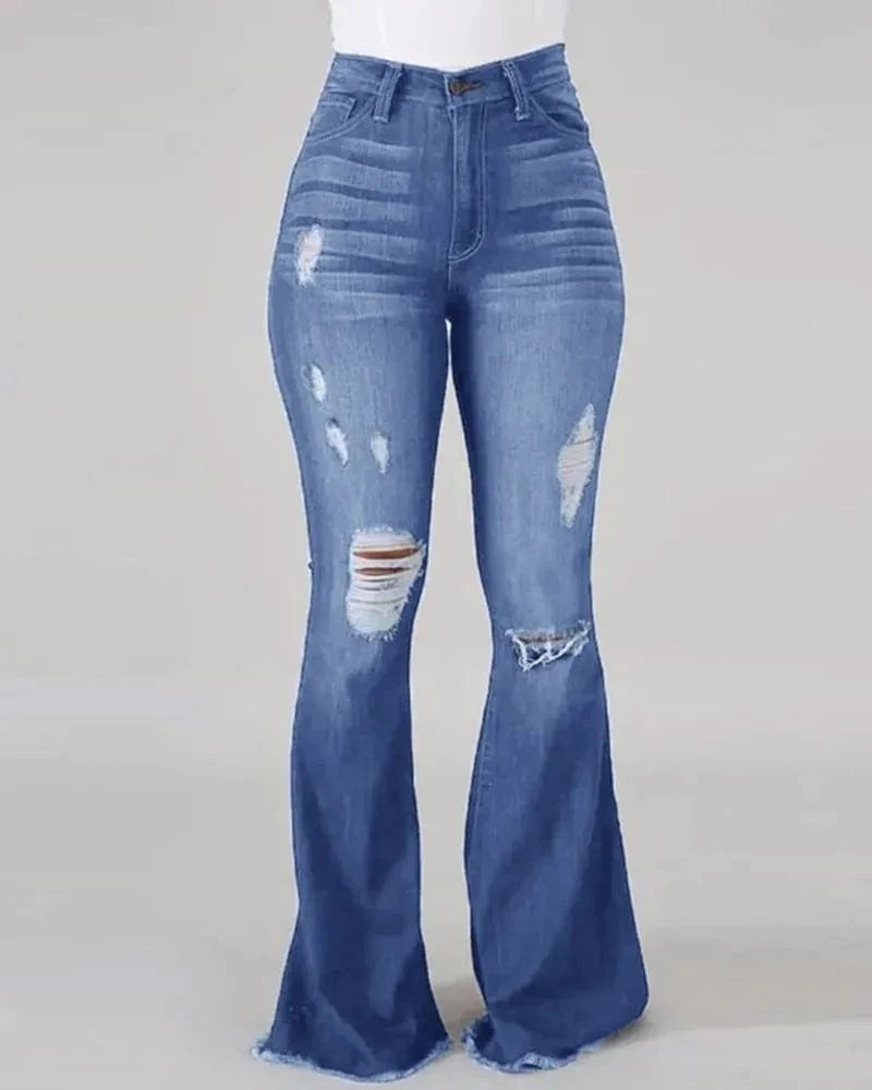 Factory direct sale womens clothing high elastic pants hole ripped ladies trousers high waist women flared jeans