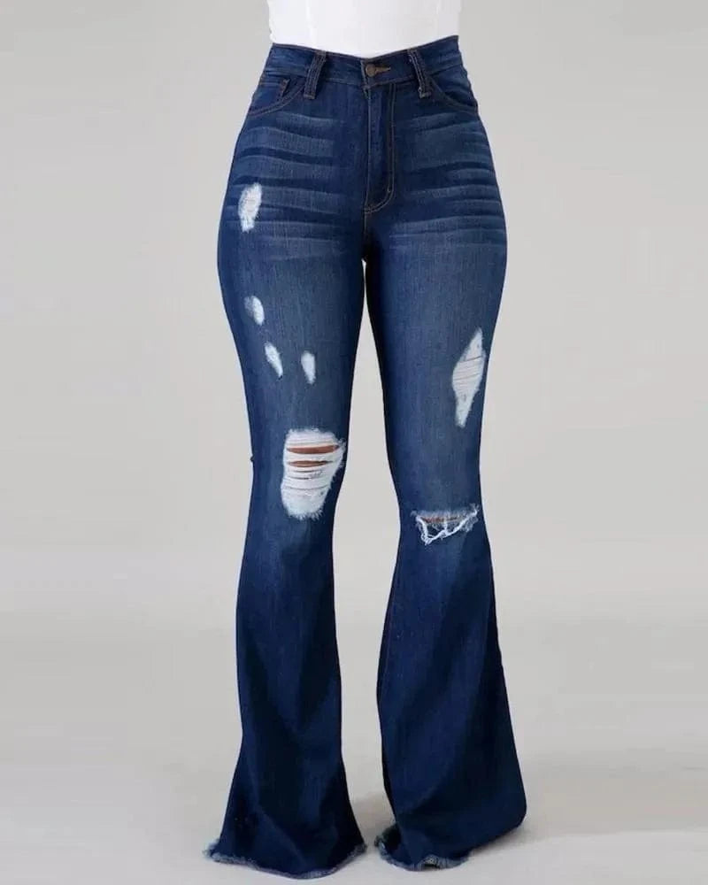 Factory direct sale womens clothing high elastic pants hole ripped ladies trousers high waist women flared jeans