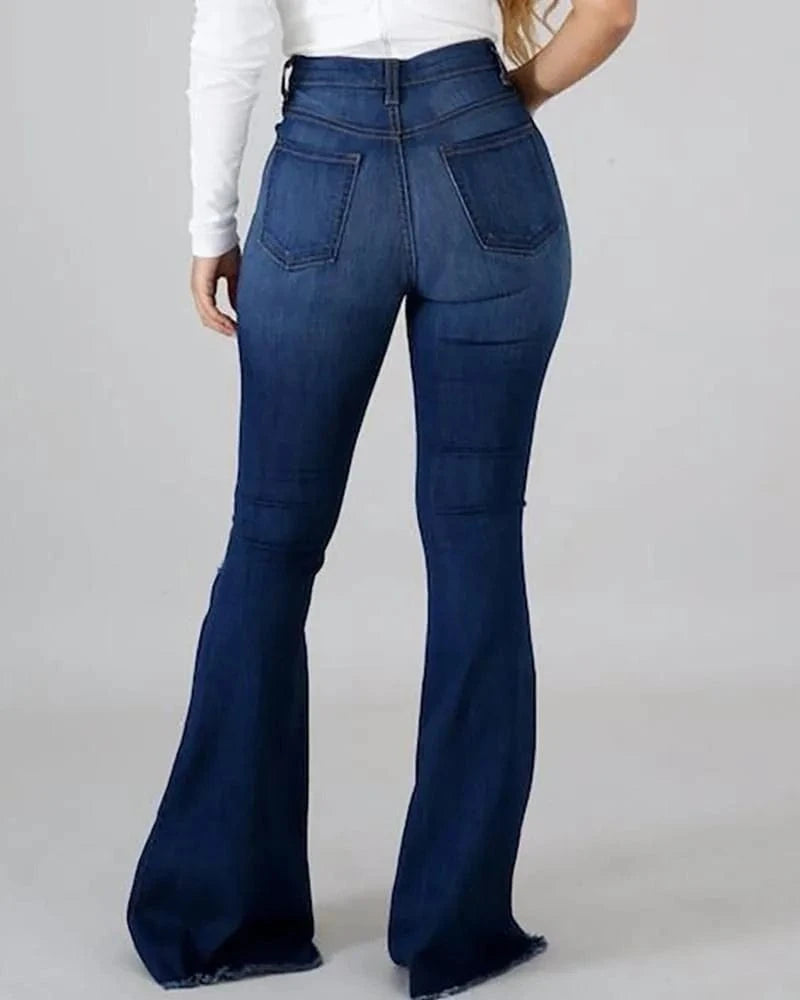 Factory direct sale womens clothing high elastic pants hole ripped ladies trousers high waist women flared jeans