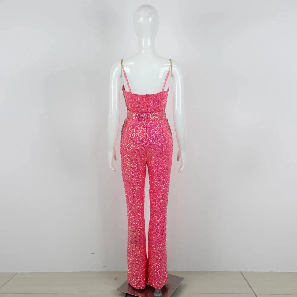 Factory Direct Sales Formal Sexy Sequin Jumpsuit Women Elegant Playsuit Rompers Jumpsuits with Belt
