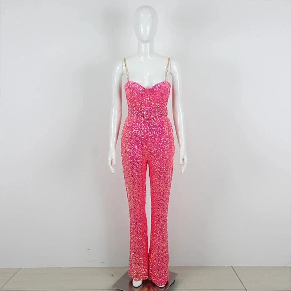 Factory Direct Sales Formal Sexy Sequin Jumpsuit Women Elegant Playsuit Rompers Jumpsuits with Belt