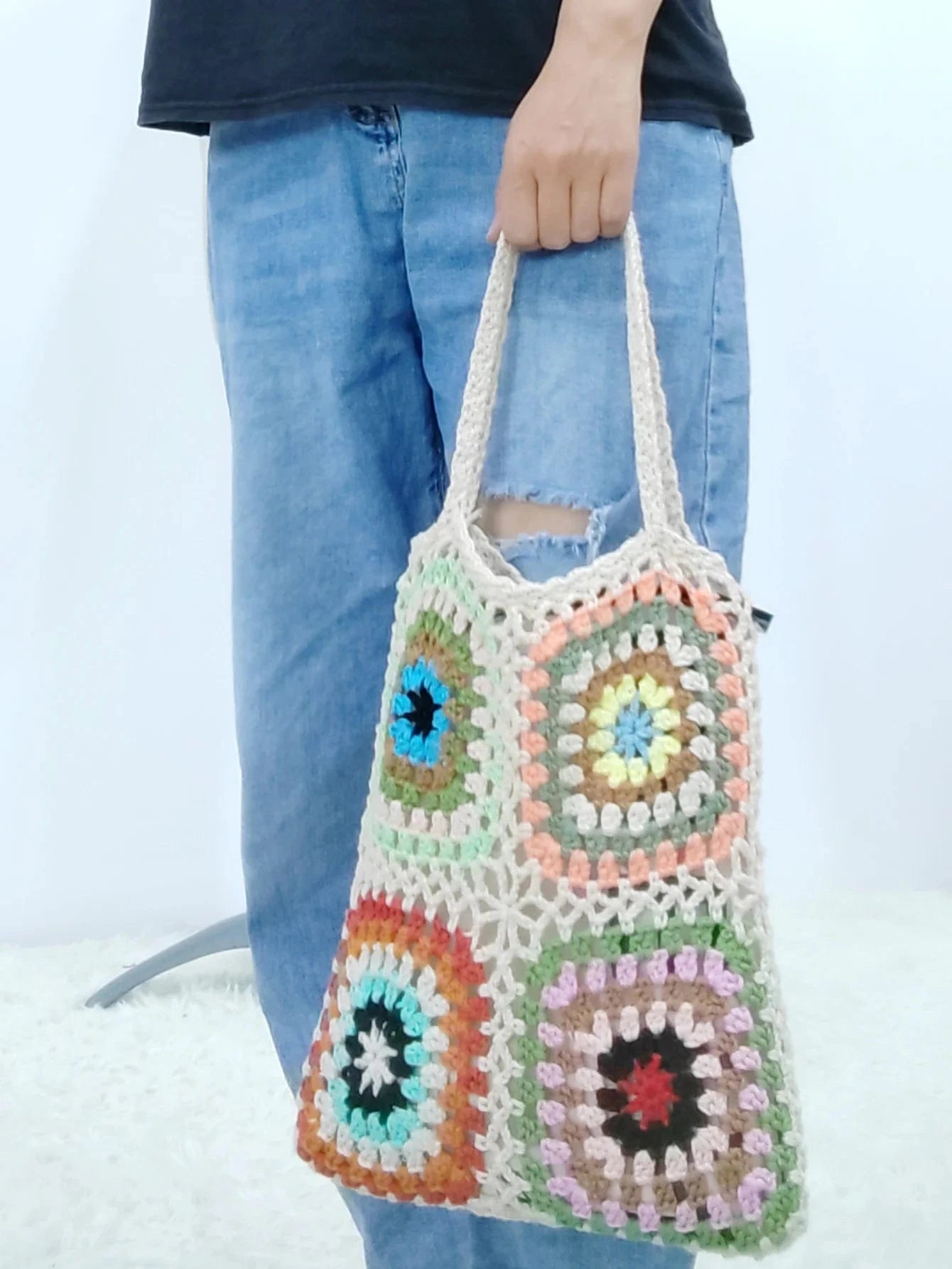 Factory Granny Granny Square Handmade Crochet Single Shoulder Tote Handbag