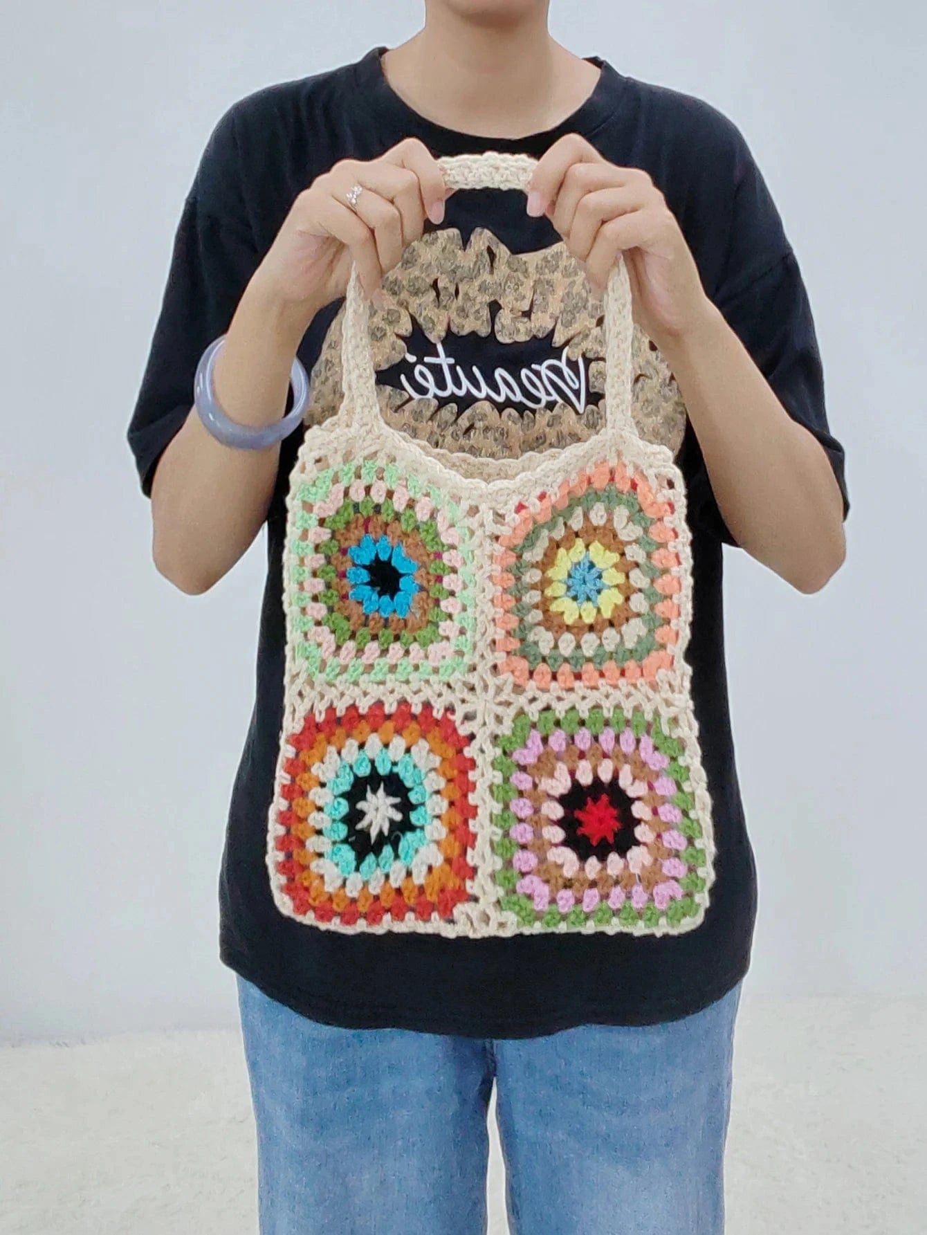 Factory Granny Granny Square Handmade Crochet Single Shoulder Tote Handbag