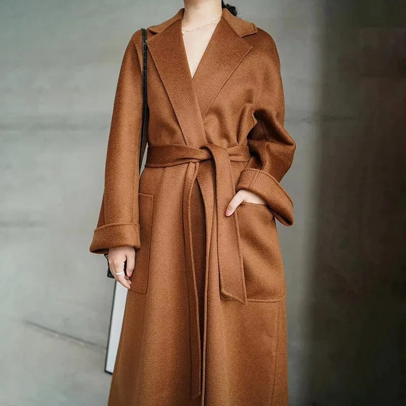 Factory Loose Belted Wool Coats Water Wave Turn Down Collar Elegant Women Cashmere Coat