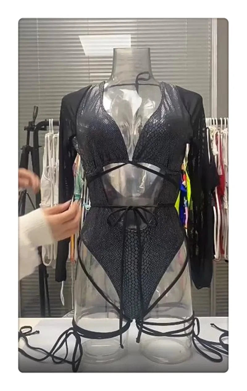 Factory Manufacture Beachwear 2024 Long Sleeve One Piece Swimsuit Black Slim Sexy Monokini Ladies Bodysuit Women Push Up Bathing