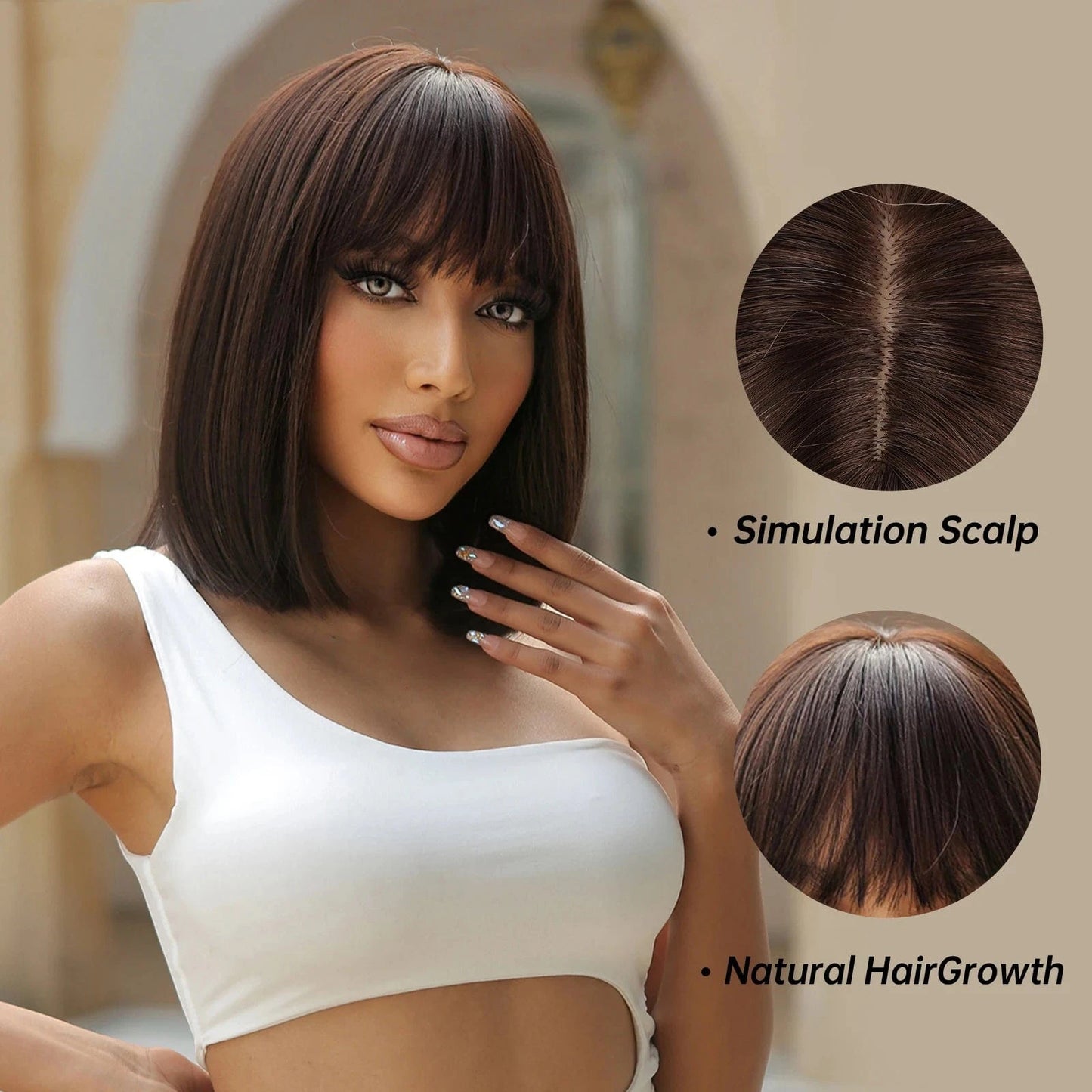 Factory Outlet Black Brown Bob Synthetic Wigs with Bangs Short Straight Daily Wig for Women Party Lolita Natural Looking Hair