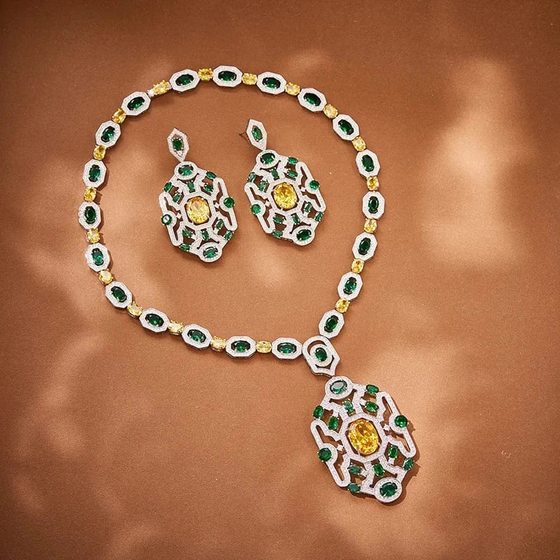 Factory wholesale brass plated 18K gold green women's necklaces, earrings, jewelry sets