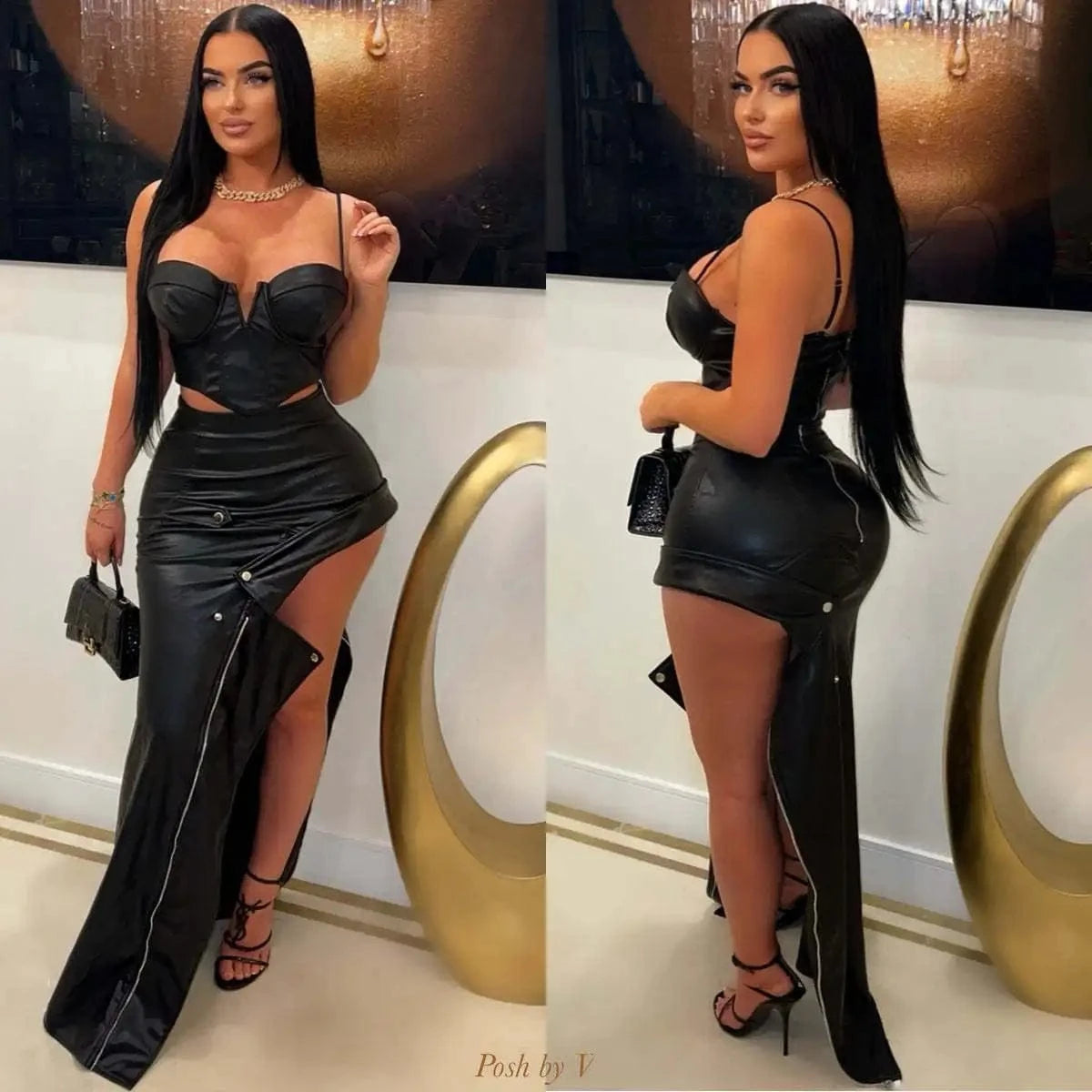 FAGADOER Punk Sexy Leather Bodycon Long Skirt Women Black Irregular Zipper Patchwork Dresses Female Streetwear Vestido 2025 New