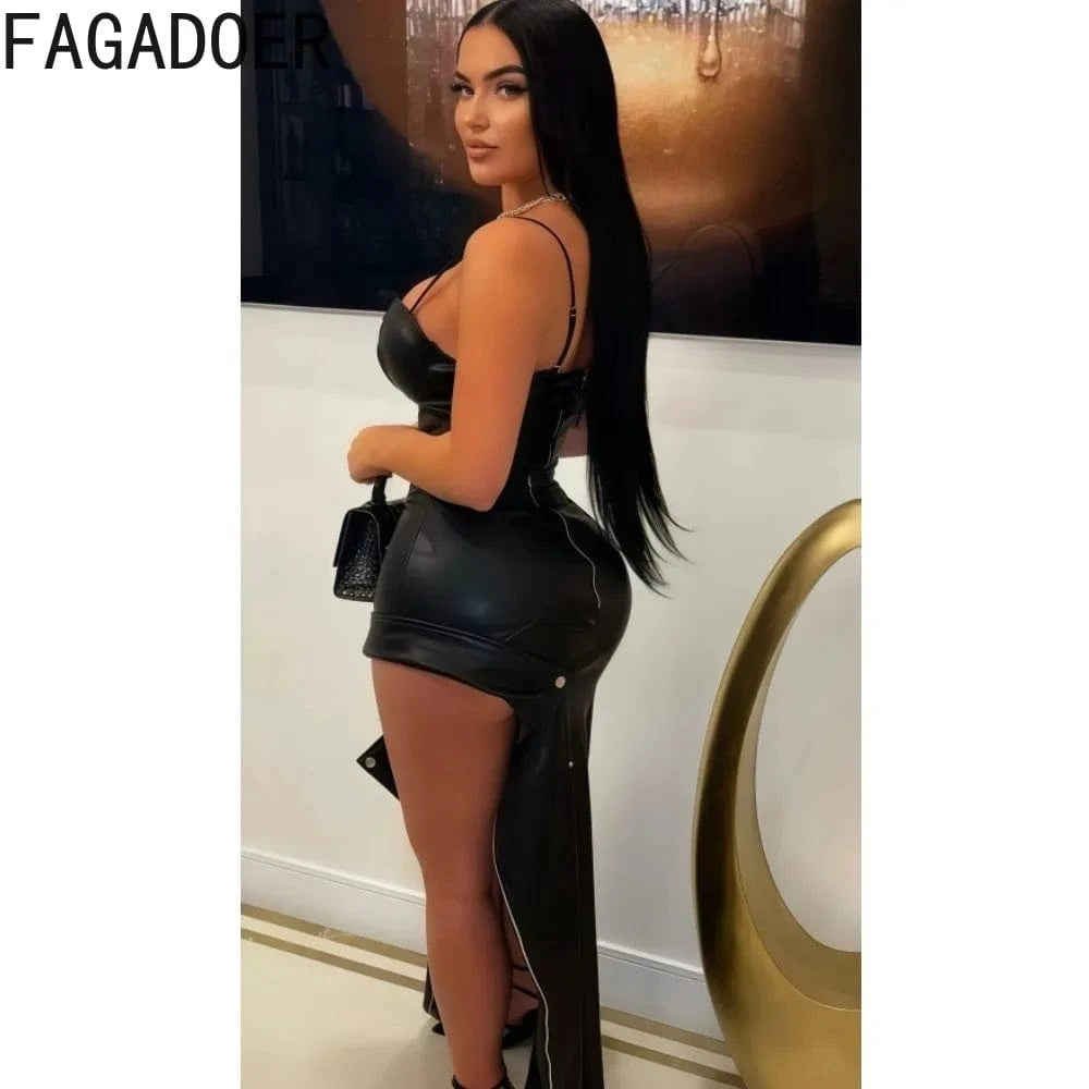 FAGADOER Punk Sexy Leather Bodycon Long Skirt Women Black Irregular Zipper Patchwork Dresses Female Streetwear Vestido 2025 New