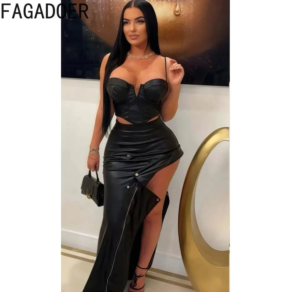 FAGADOER Punk Sexy Leather Bodycon Long Skirt Women Black Irregular Zipper Patchwork Dresses Female Streetwear Vestido 2025 New