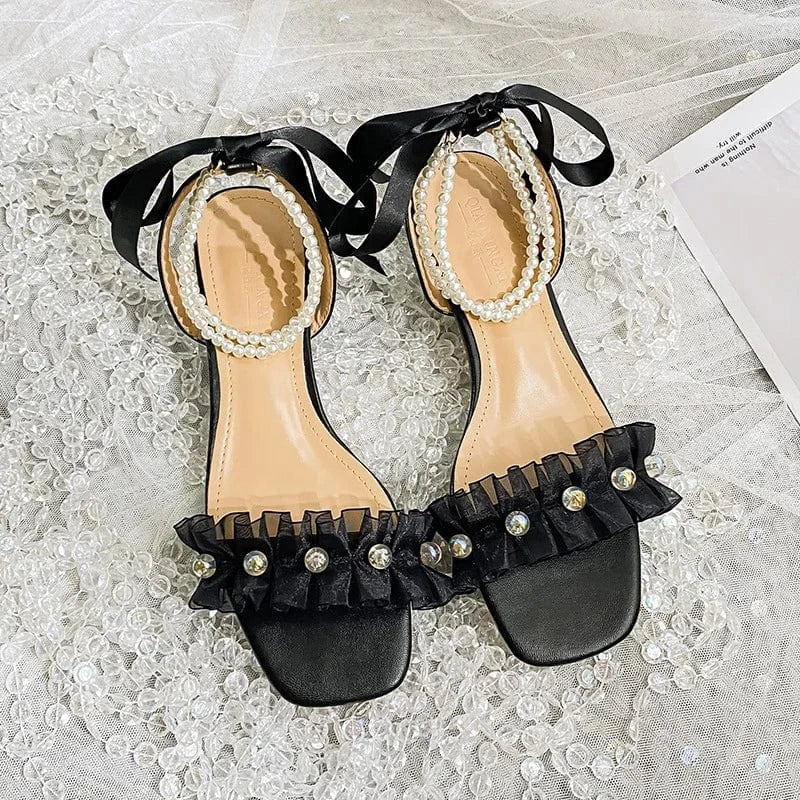 Fairy Style Women Square-toe Lace-up Sandals Pearls Sweet Bowknot Comfort Low Heels Sandals
