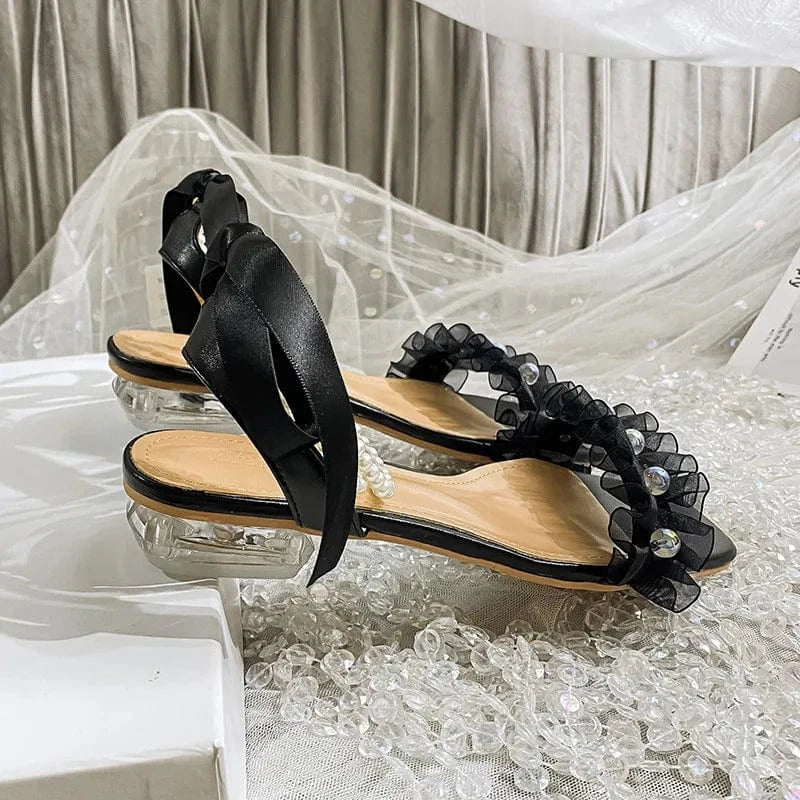 Fairy Style Women Square-toe Lace-up Sandals Pearls Sweet Bowknot Comfort Low Heels Sandals