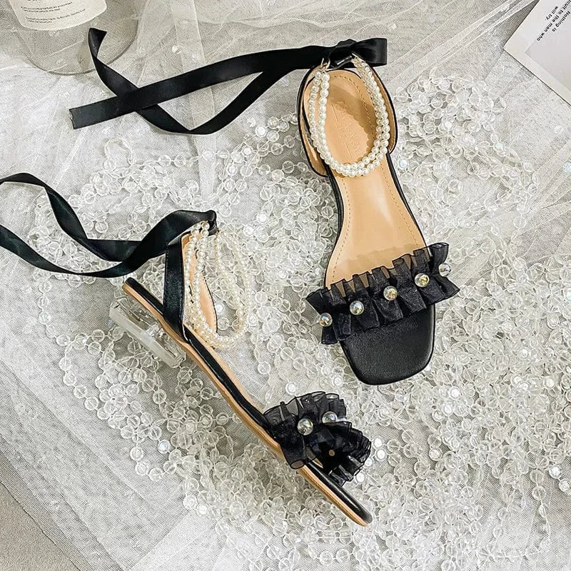Fairy Style Women Square-toe Lace-up Sandals Pearls Sweet Bowknot Comfort Low Heels Sandals