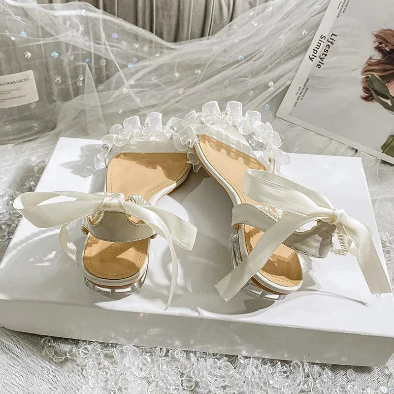 Fairy Style Women Square-toe Lace-up Sandals Pearls Sweet Bowknot Comfort Low Heels Sandals