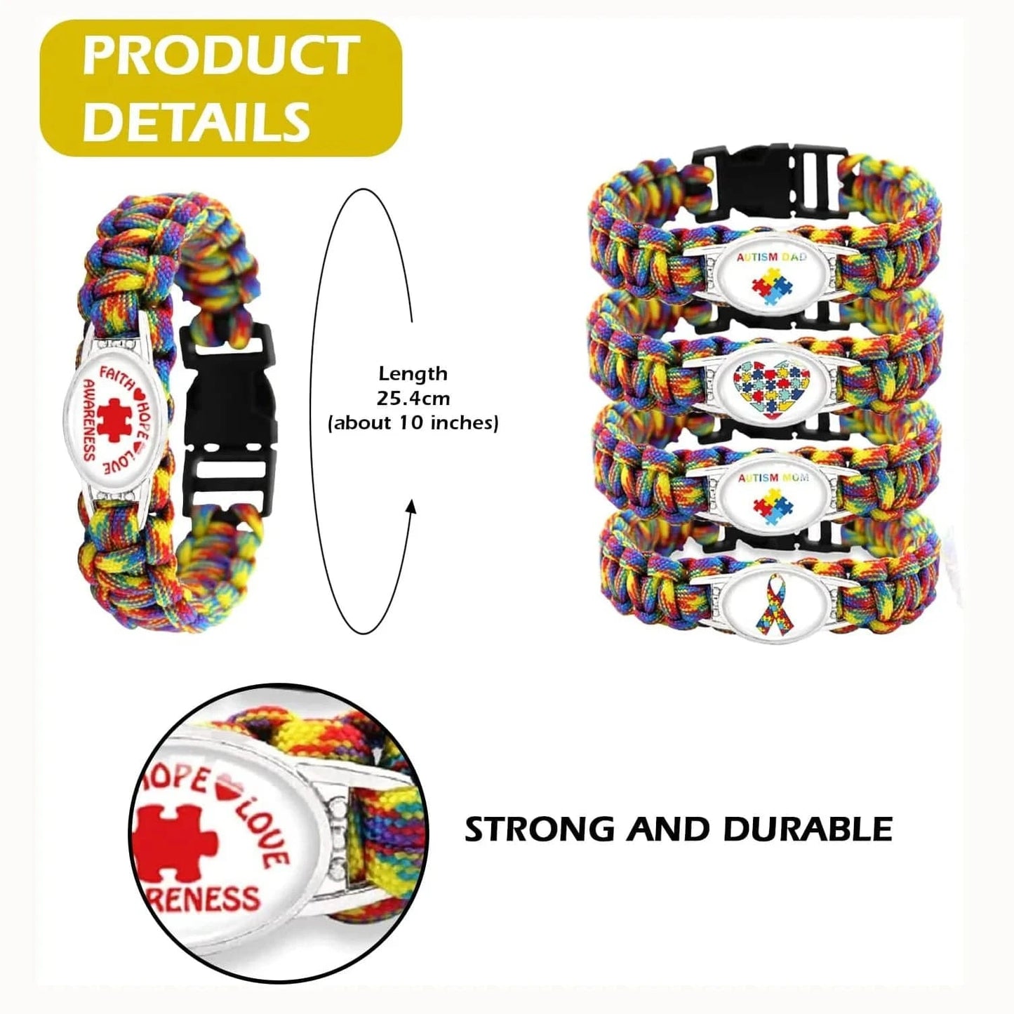 Faith Hope Love Autism Dad Mom Aunt Grandma Awareness Ribbon Puzzle Piece Women Wristband OEM ODM Paracord Survival Bracelet