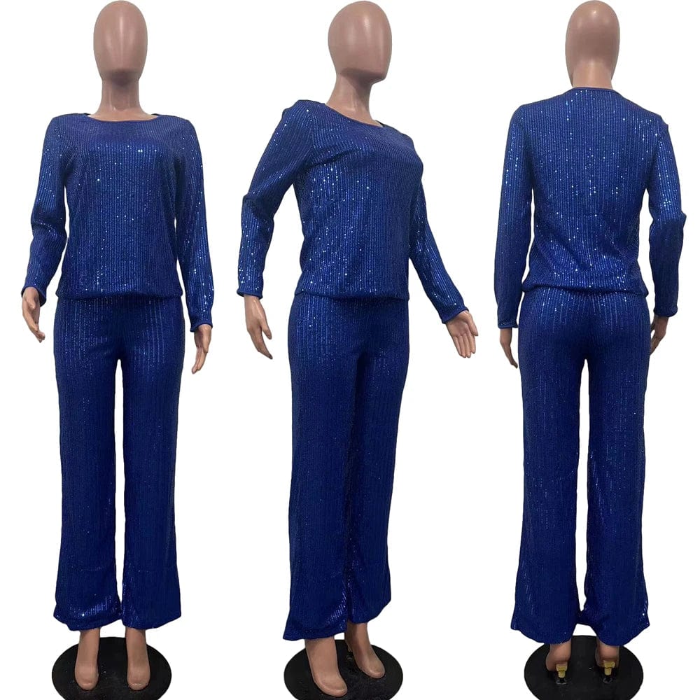 Fall 2024 Fashion Sequin Women Sets Long Sleeve T-Shirt and Wide Leg Dressy Pants Suit Ladies Party Two 2 Piece Formal Outfits