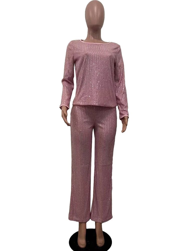 Fall 2024 Fashion Sequin Women Sets Long Sleeve T-Shirt and Wide Leg Dressy Pants Suit Ladies Party Two 2 Piece Formal Outfits