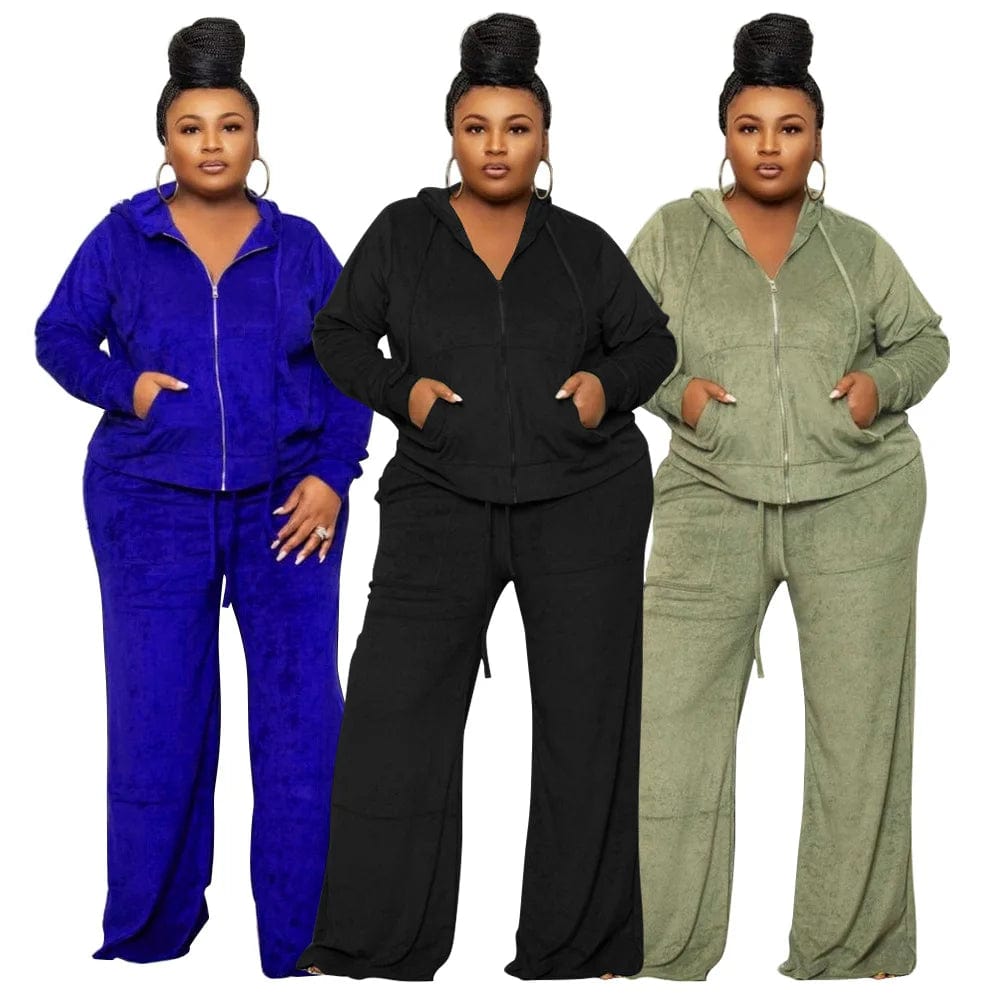fall 2024 new products plus size women's clothing Solid color casual sports velvet fabric hooded top two piece pants set