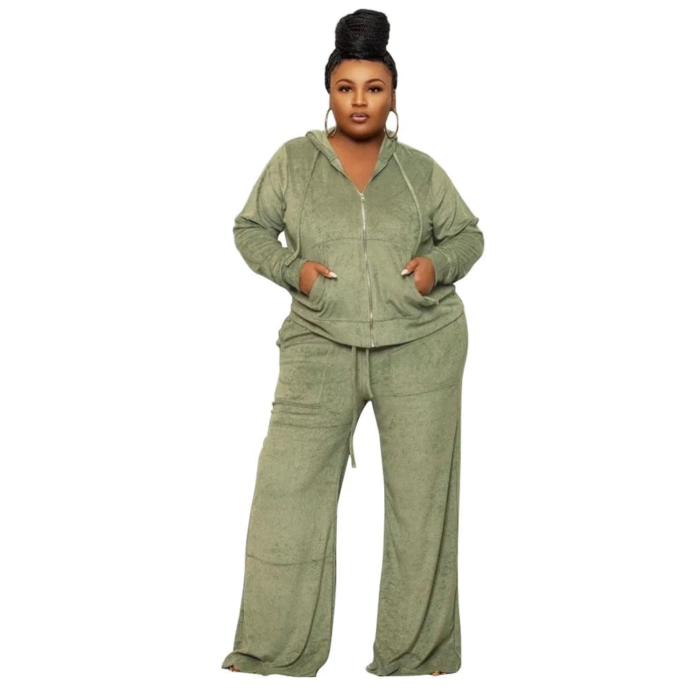 fall 2024 new products plus size women's clothing Solid color casual sports velvet fabric hooded top two piece pants set