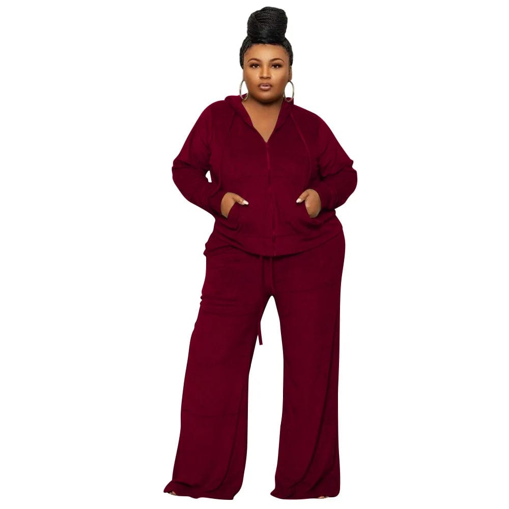 fall 2024 new products plus size women's clothing Solid color casual sports velvet fabric hooded top two piece pants set