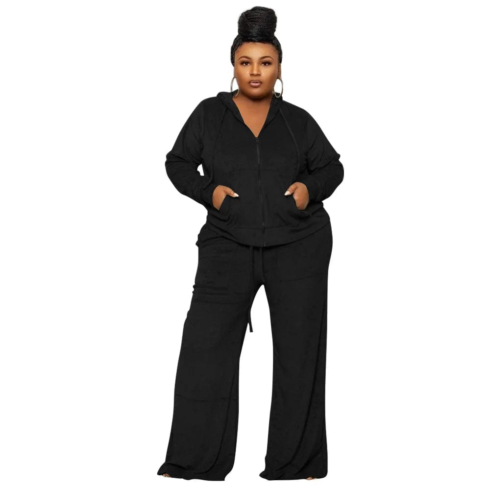fall 2024 new products plus size women's clothing Solid color casual sports velvet fabric hooded top two piece pants set