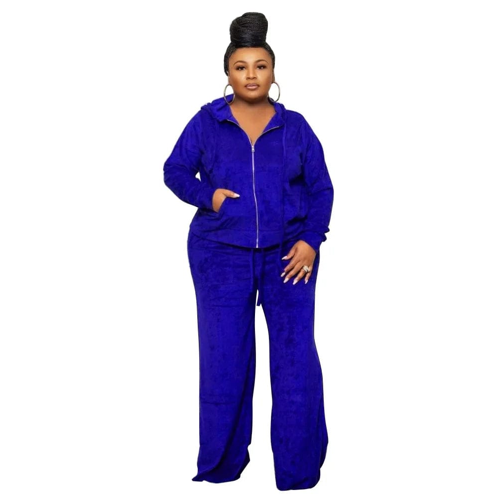 fall 2024 new products plus size women's clothing Solid color casual sports velvet fabric hooded top two piece pants set
