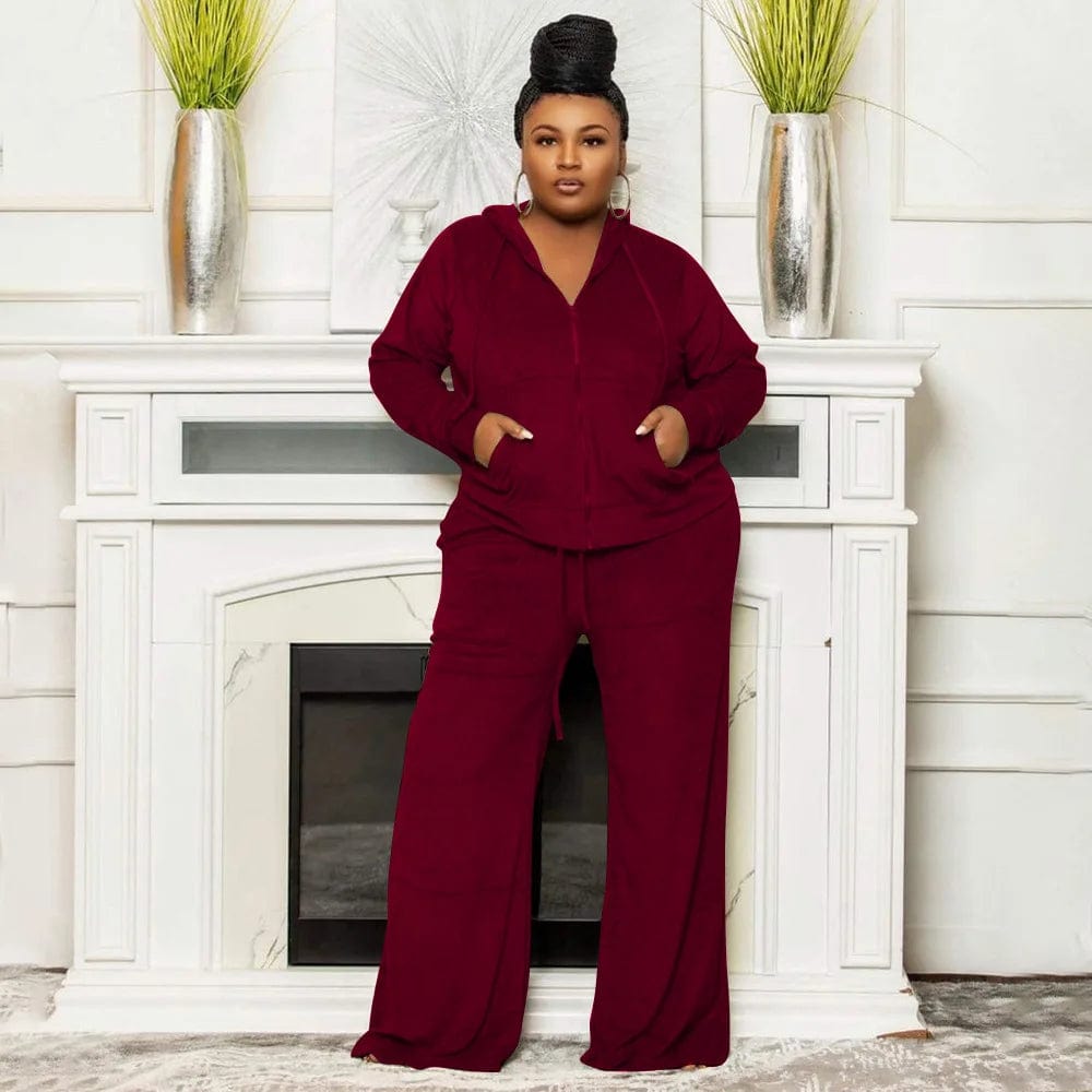 fall 2024 new products plus size women's clothing Solid color casual sports velvet fabric hooded top two piece pants set