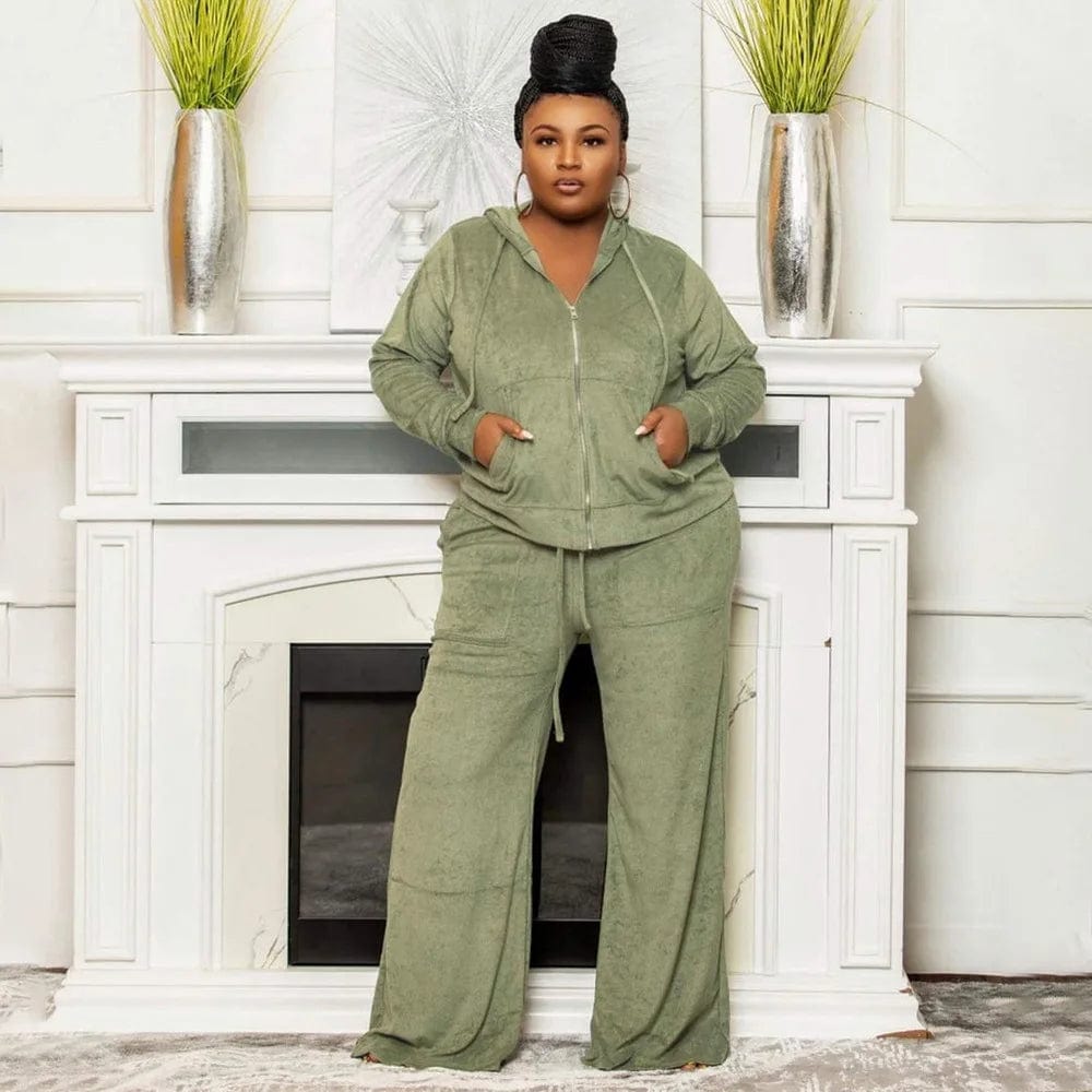 fall 2024 new products plus size women's clothing Solid color casual sports velvet fabric hooded top two piece pants set