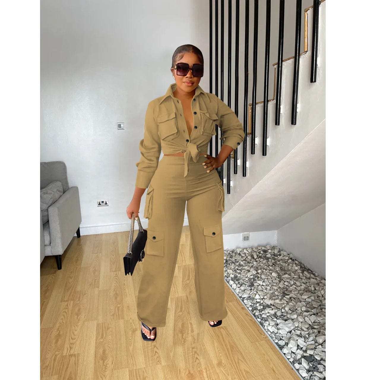 Fall Cargos Two Piece Set With Wide Legs Pants  Women Clothing Solid 2 Piece Pants Set Women 2023