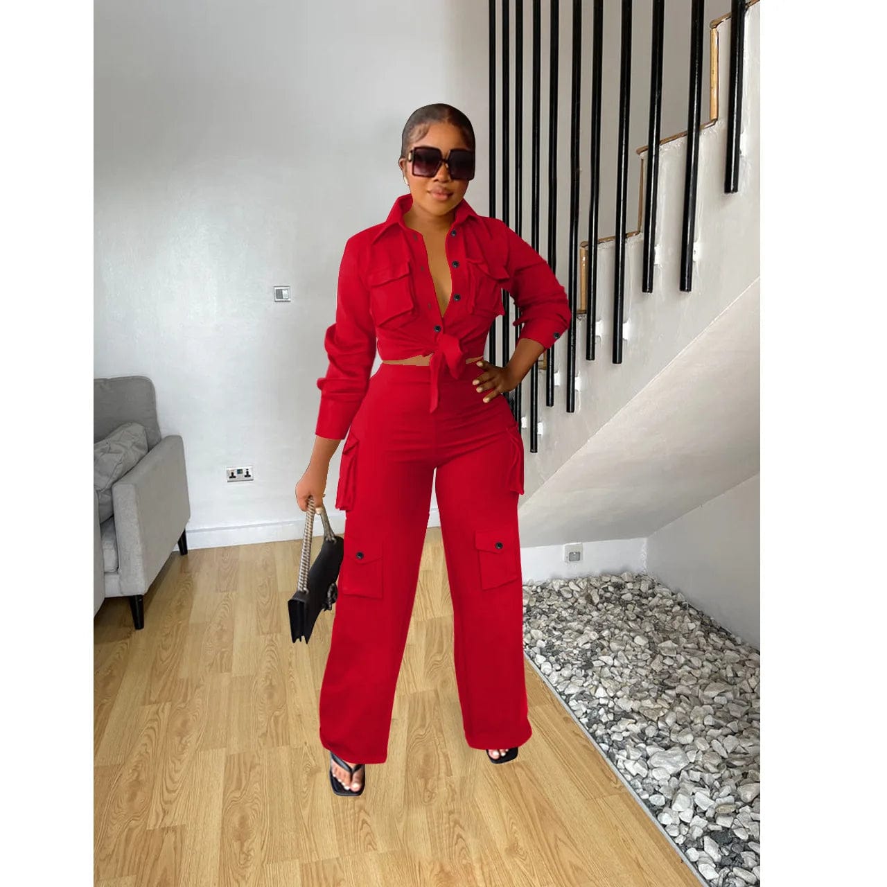 Fall Cargos Two Piece Set With Wide Legs Pants  Women Clothing Solid 2 Piece Pants Set Women 2023