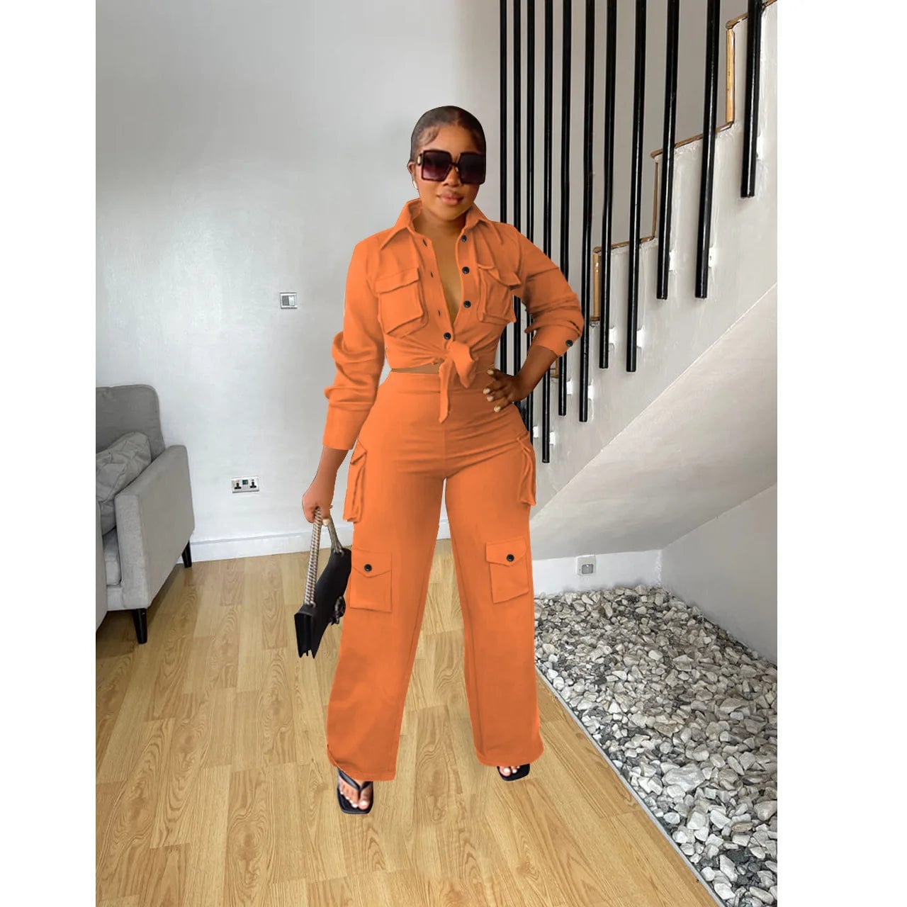 Fall Cargos Two Piece Set With Wide Legs Pants  Women Clothing Solid 2 Piece Pants Set Women 2023