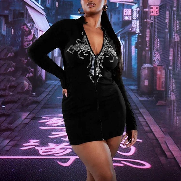Fall Spring Black Sexy Long Sleeve Mini Dress Casual 2024 Bodycon V Neck Fashion Rhinestone Short Dress