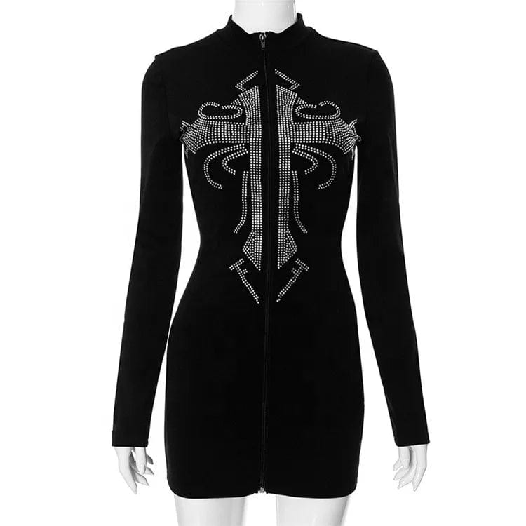 Fall Spring Black Sexy Long Sleeve Mini Dress Casual 2024 Bodycon V Neck Fashion Rhinestone Short Dress